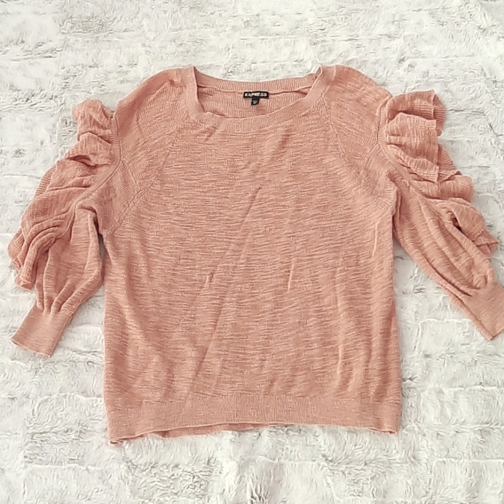 Express coral crewneck ruffle Feminine Open Sleeve sweater.  SIZE XS.